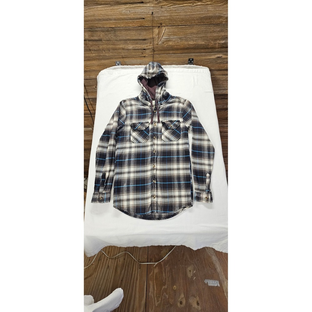Open Trails Mens Small Plaid Hooded Flannel Shirt Black Blue White Button Up